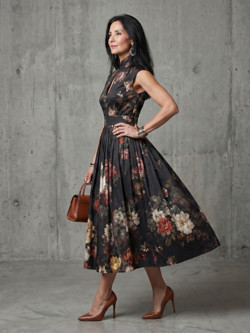 Aurelia | Vestido Midi Plisado Floral con Cuello Alto