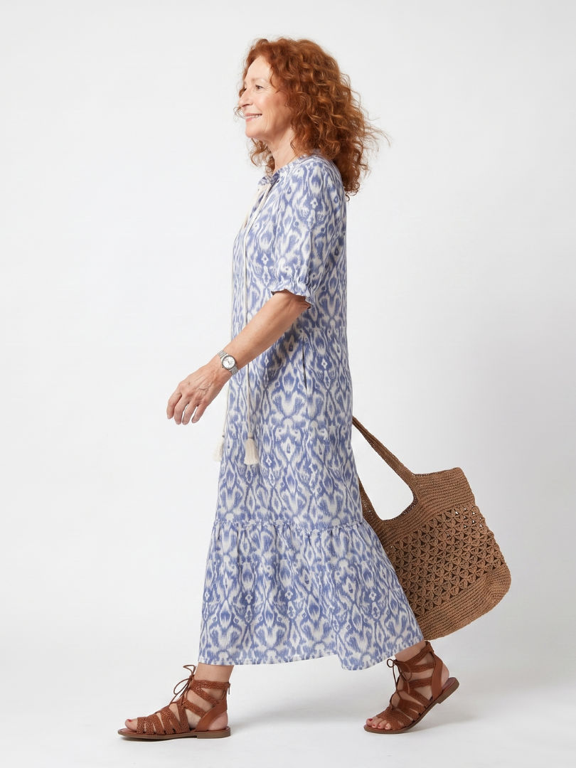 Ottoline | Vestido Midi Estampado con Cuello de Lazo de Borlas