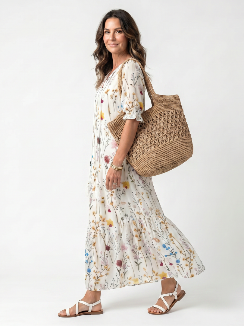 Sylvie | Vestido Midi con Estampado Botánico y Lazos de Borlas