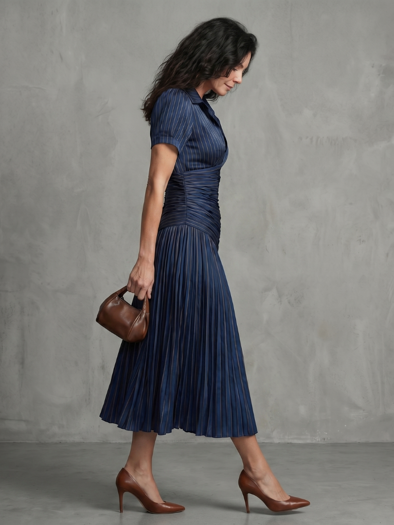 Liliana | Vestido Midi Plisado de Raya Fina