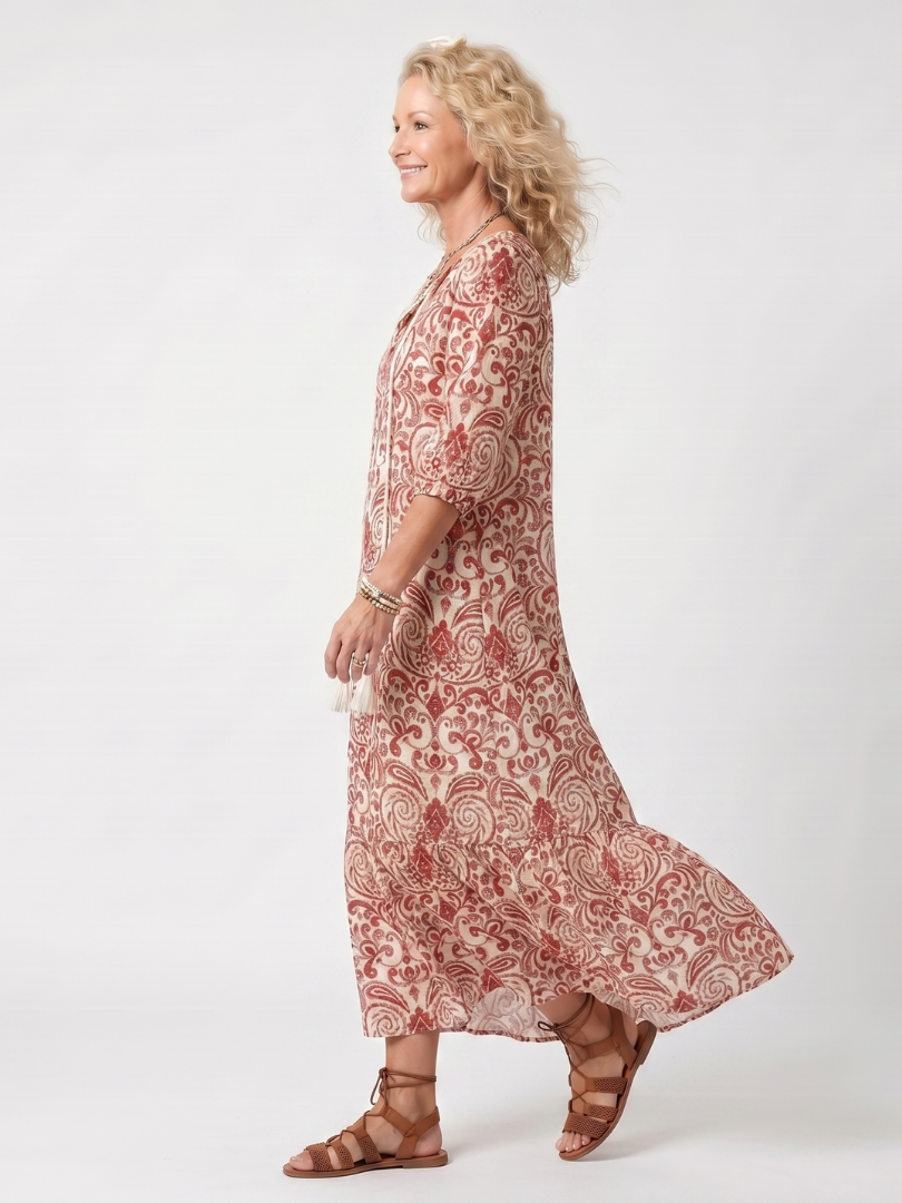 Noelle | Vestido Midi con Estampado Ornamentado y Lazos de Borlas