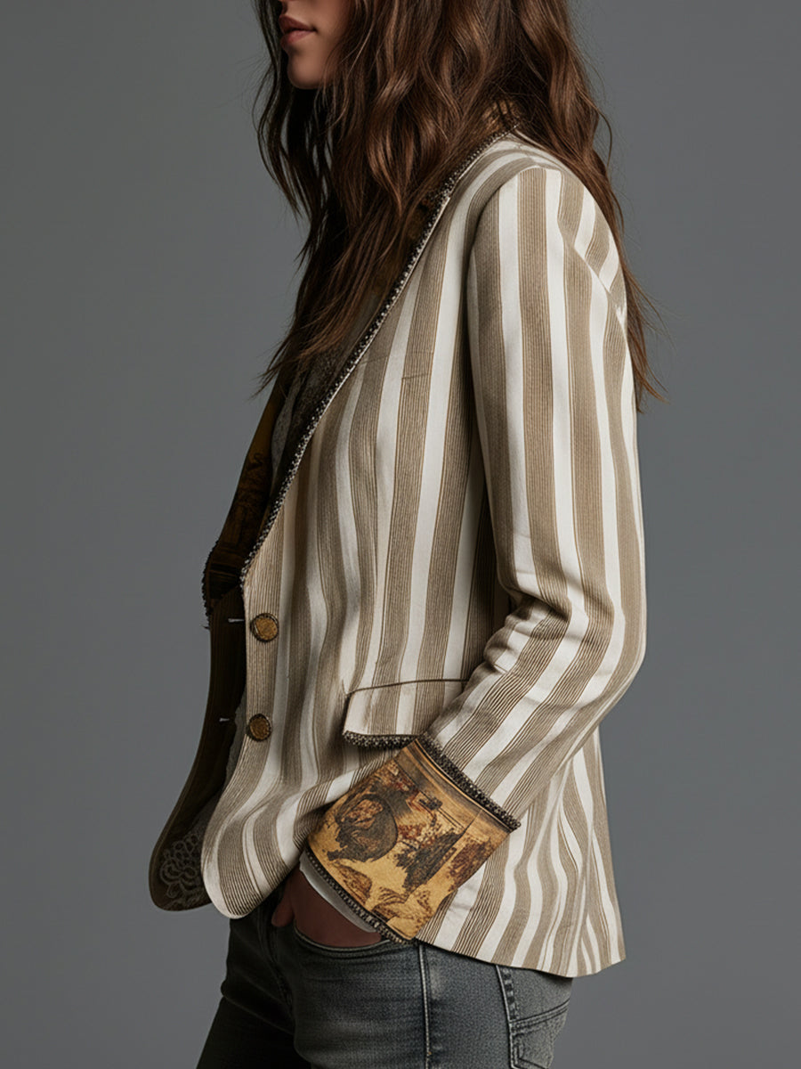 Blazer Boho de Solapa Estampada a Rayas para Mujer
