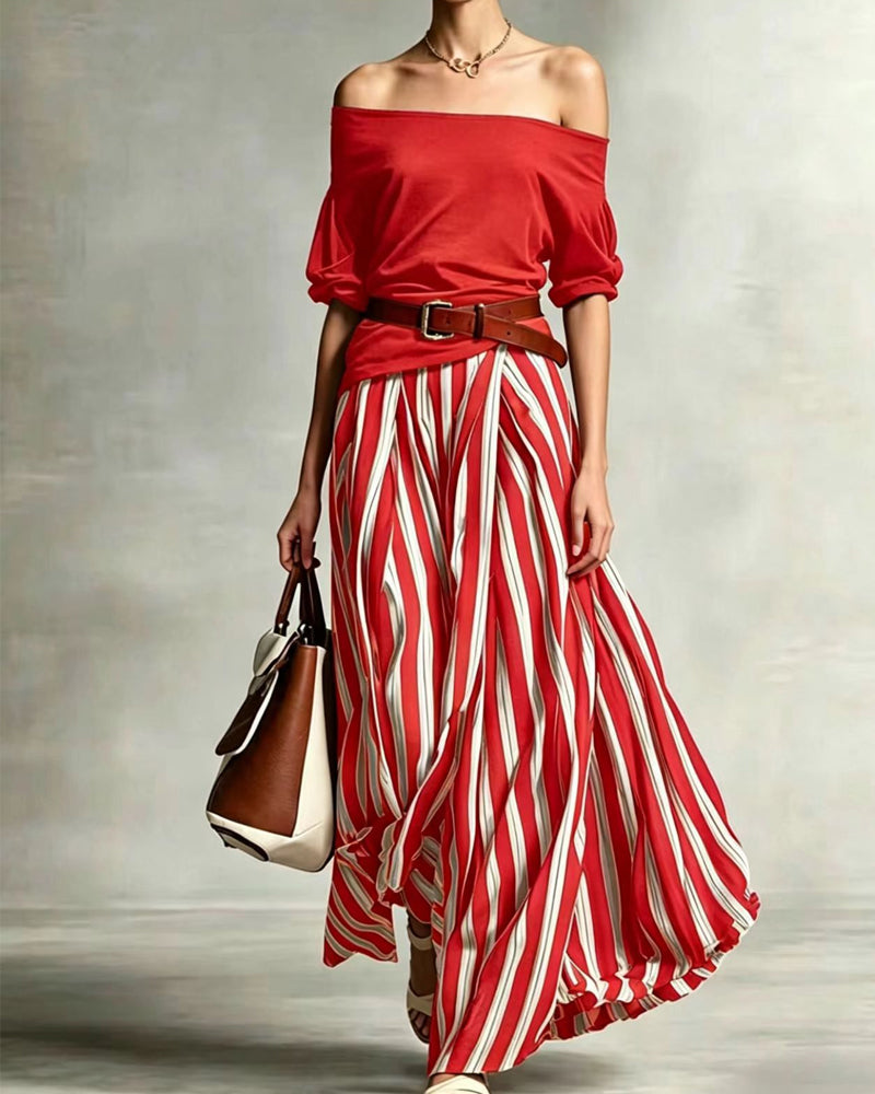 MADISON | Conjunto de falda maxi de rayas con top de hombros descubiertos