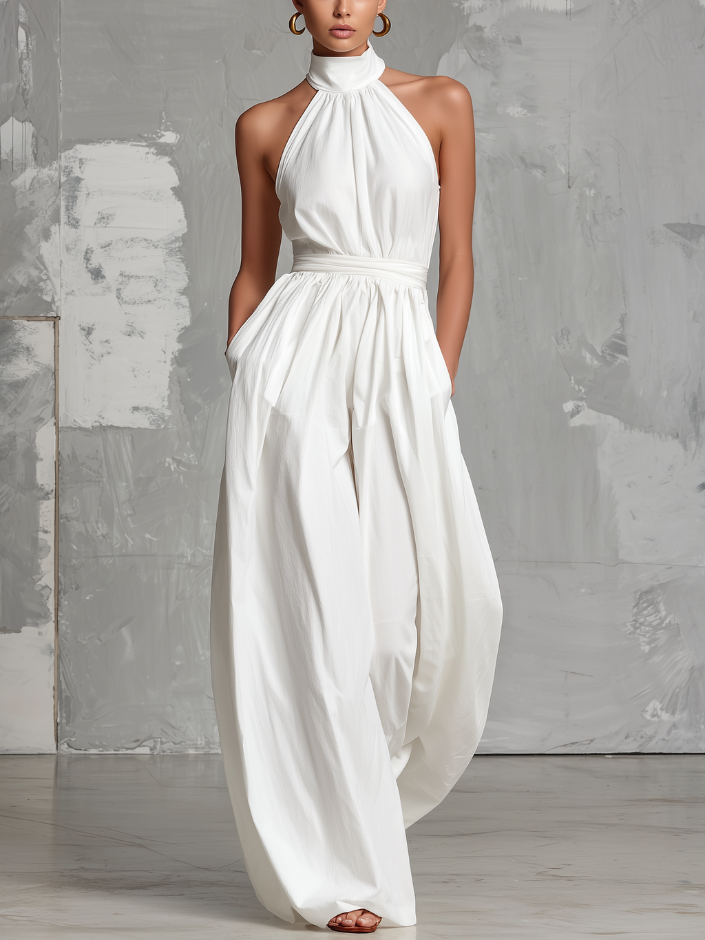 Zoltán | Mono blanco de tejido sin mangas con cuello halter, elegante • S1