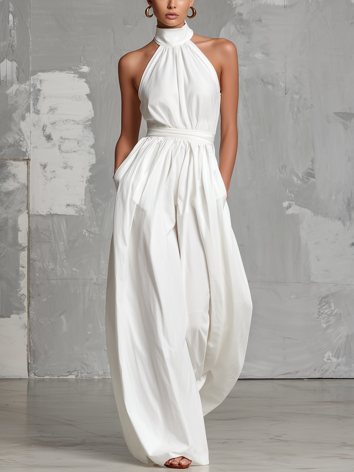 Zoltán | Mono blanco de tejido sin mangas con cuello halter, elegante • S1