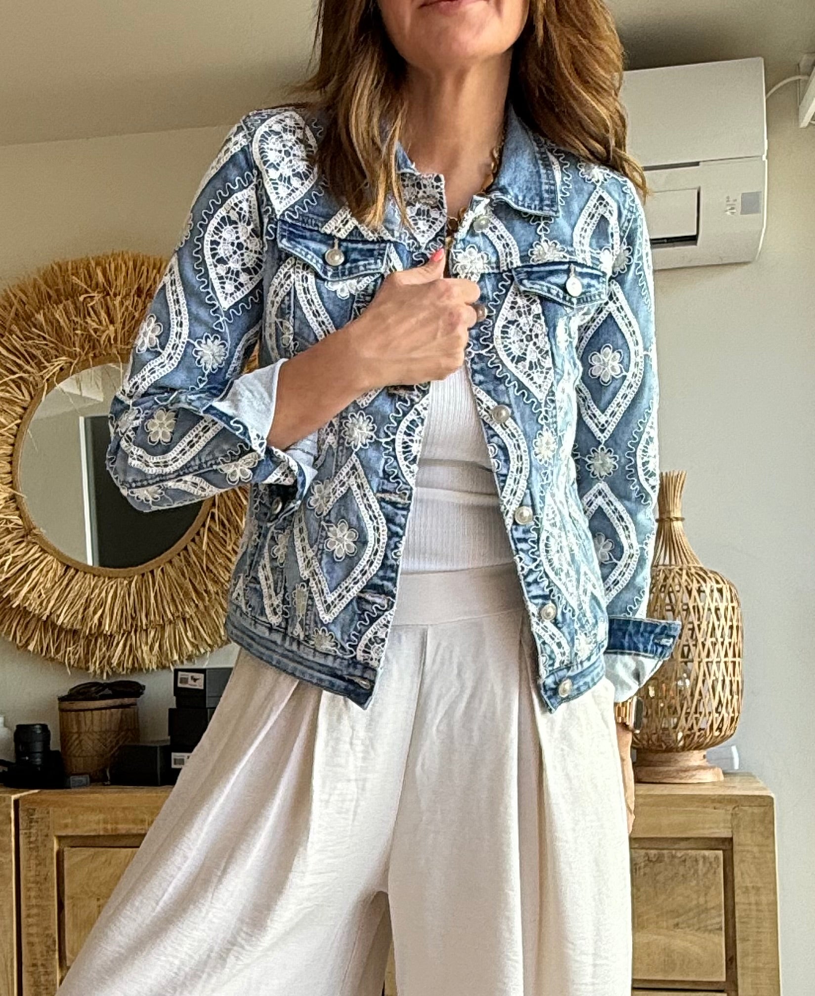 Chaqueta Denim Boho Bordado Étnico