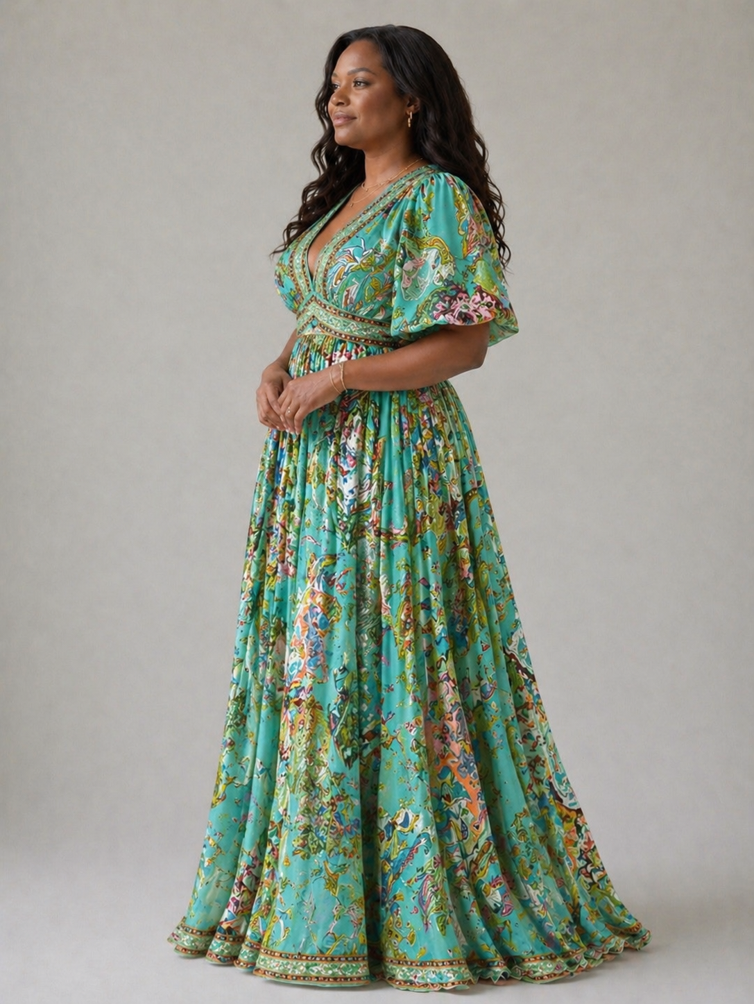 Isabella | Vestido Maxi Fluido con Mangas Abullonadas