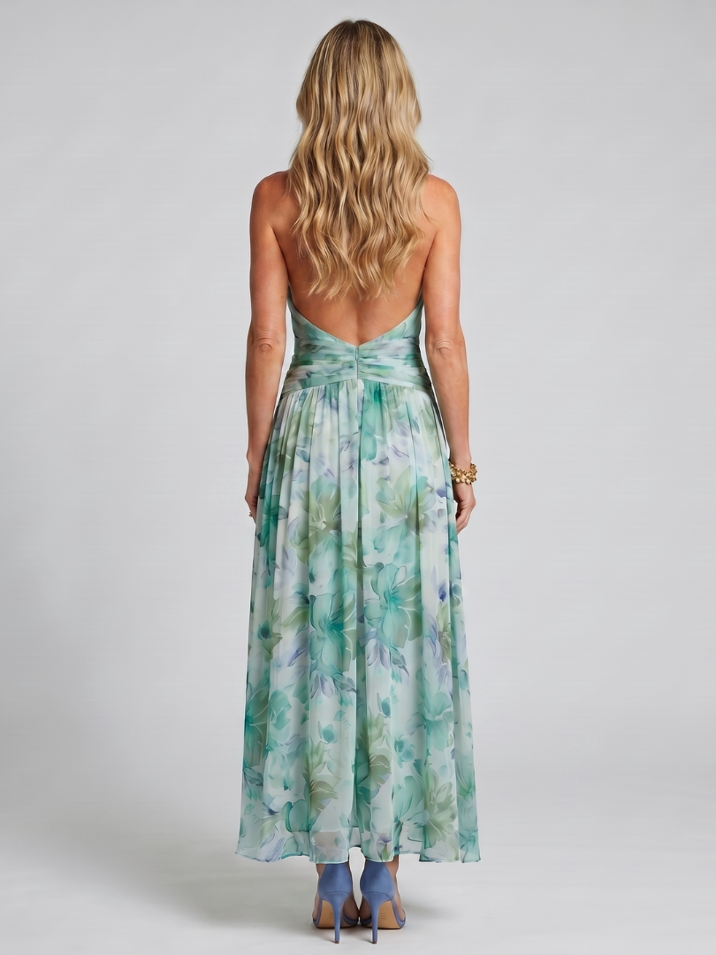 Brielle | Vestido Midi Floral Plisado con Cuello Halter