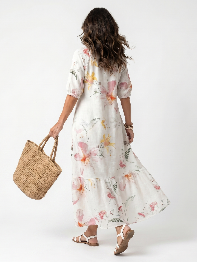 Noa | Vestido Midi Floral Suave por Capas con Borlas