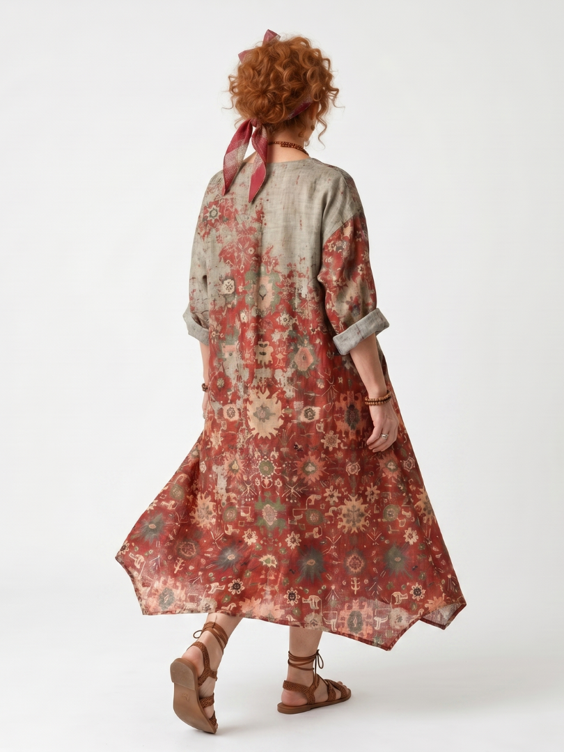 Saffron | Vestido Midi Relajado con Estampado Mixto y Bolsillos