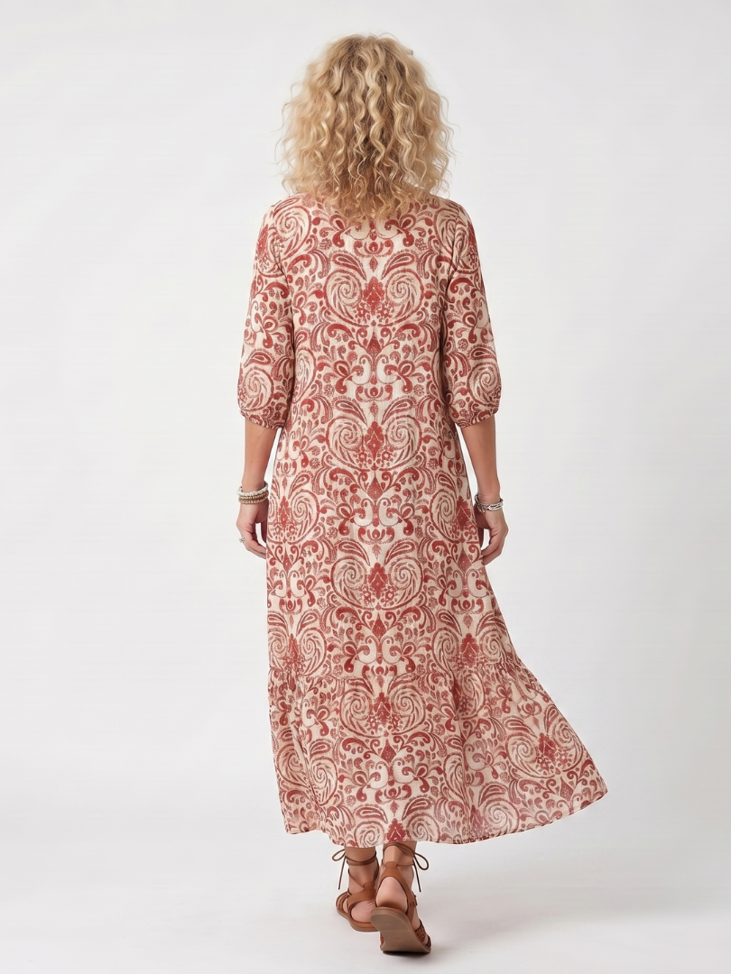 Noelle | Vestido Midi con Estampado Ornamentado y Lazos de Borlas