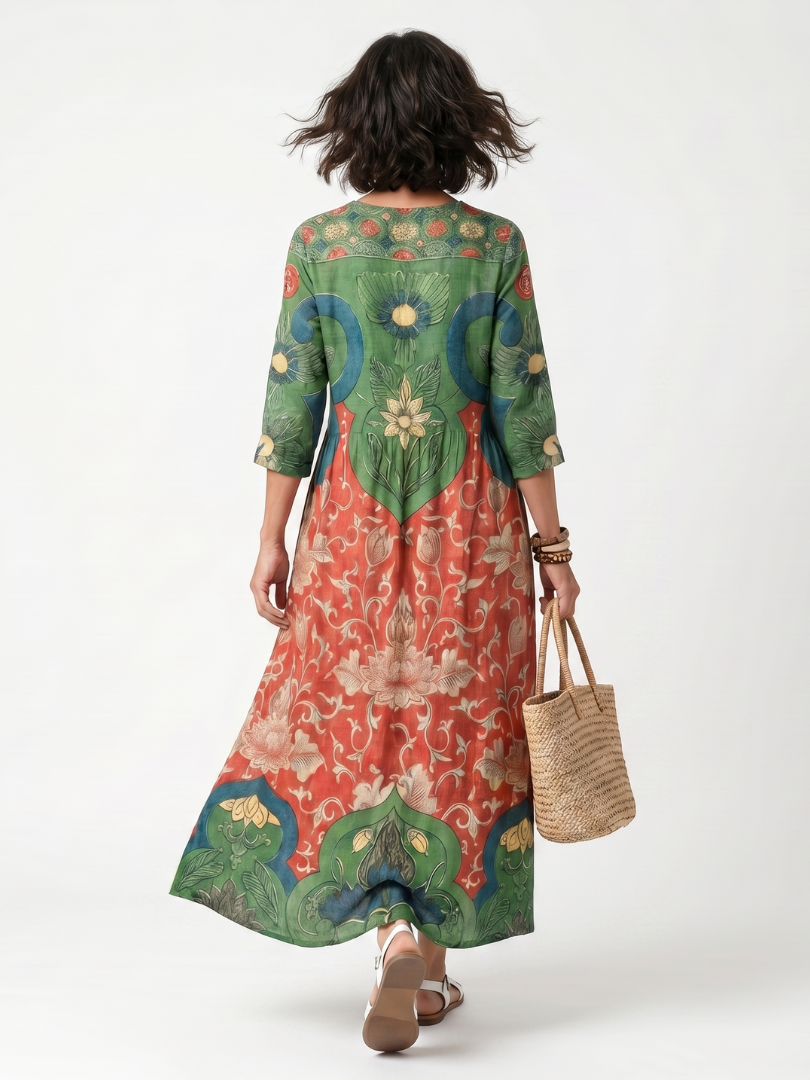 Sloane | Vestido Midi con Estampado Mixto, Escote en V y Bolsillos