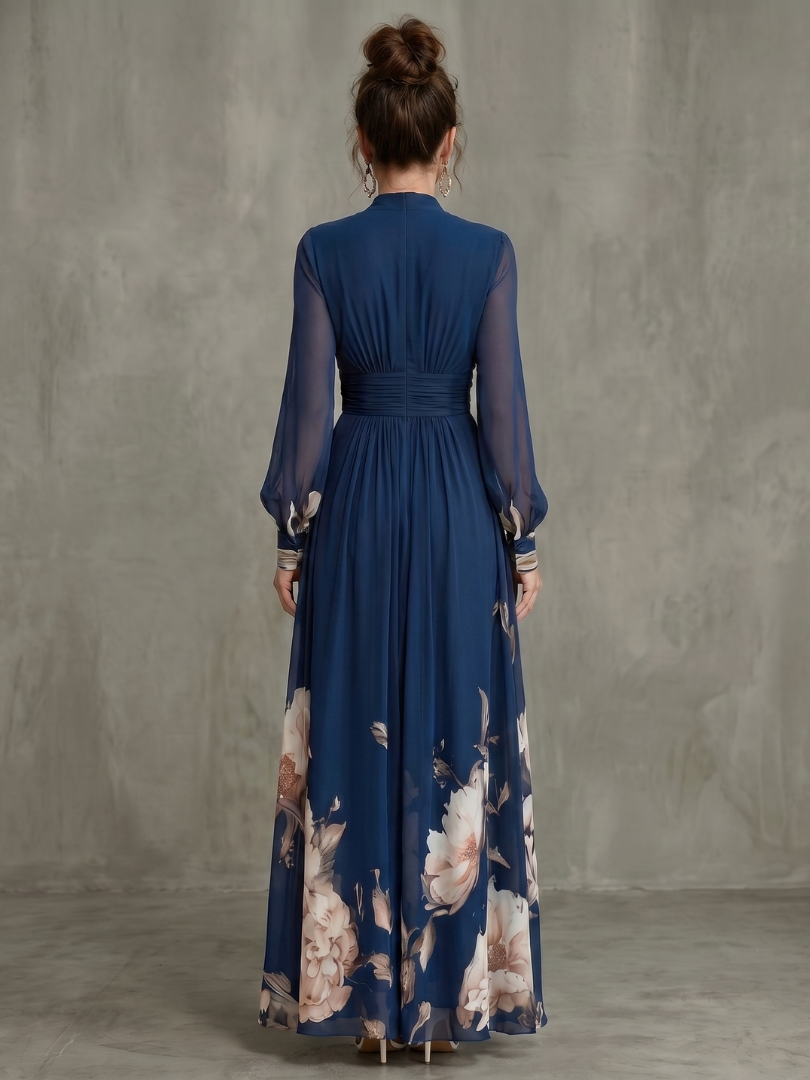 Elena | Vestido Maxi Plisado con Mangas Transparentes