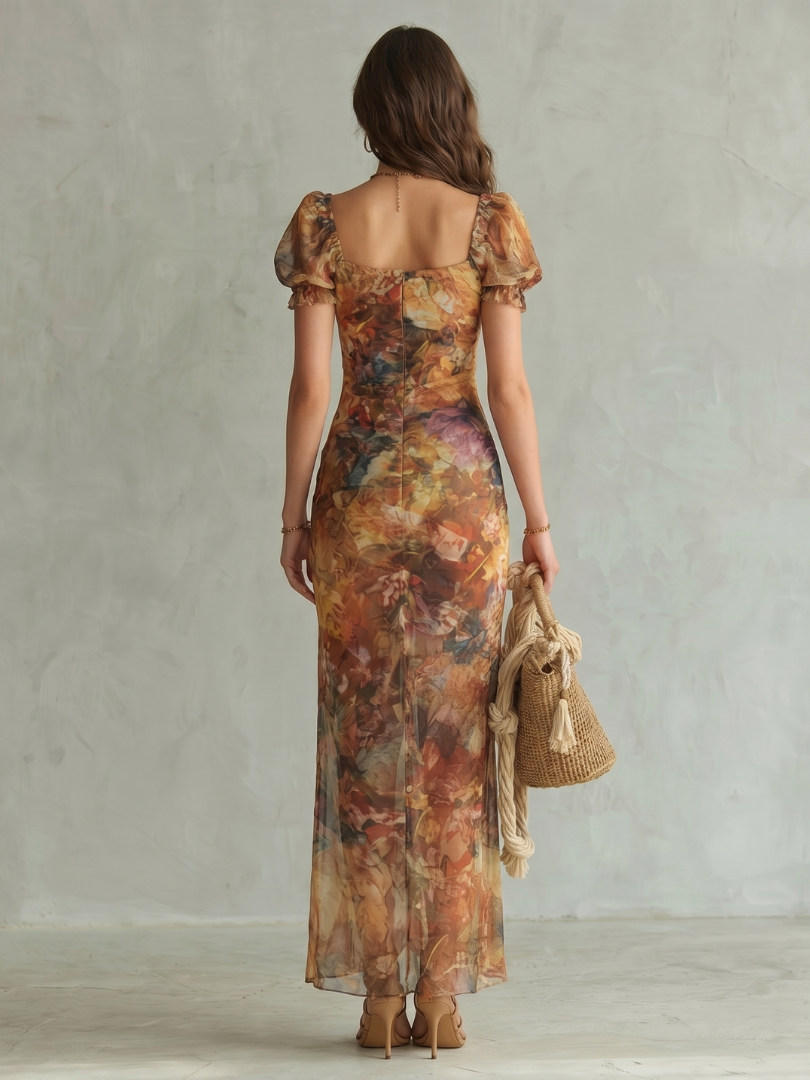 Julia | Vestido Midi con Mangas de Volante, Fruncido y Abertura