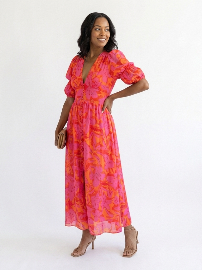 Willow | Vestido Midi Floral de Manga Abullonada y Escote en V