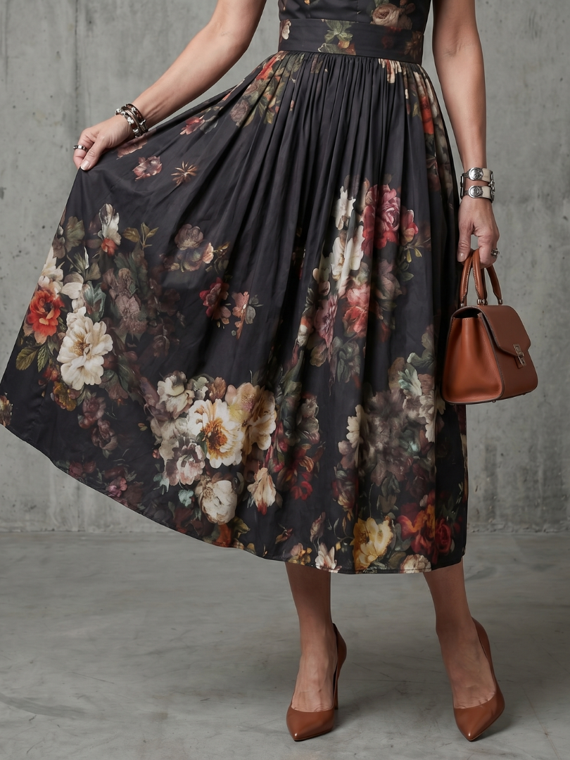 Aurelia | Vestido Midi Plisado Floral con Cuello Alto