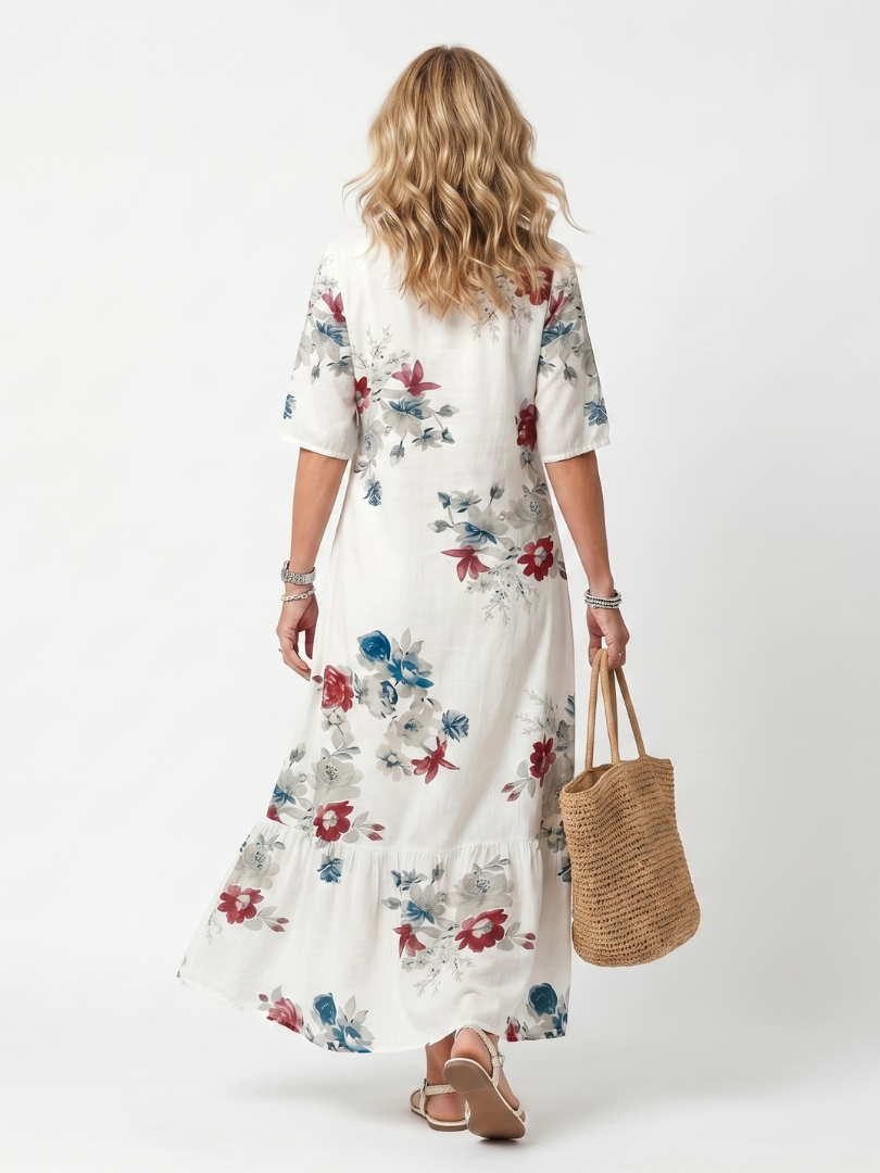 Maeva | Vestido Midi Floral Disperso con Lazos de Borlas