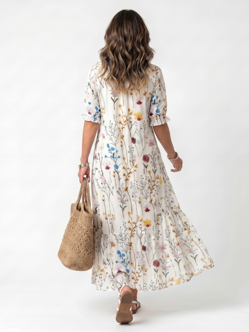 Sylvie | Vestido Midi con Estampado Botánico y Lazos de Borlas