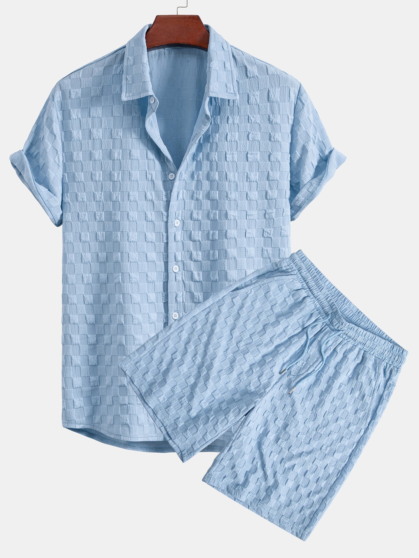 Camisa abotonada con estampado de ajedrez en jacquard y pantalones cortos con cordón