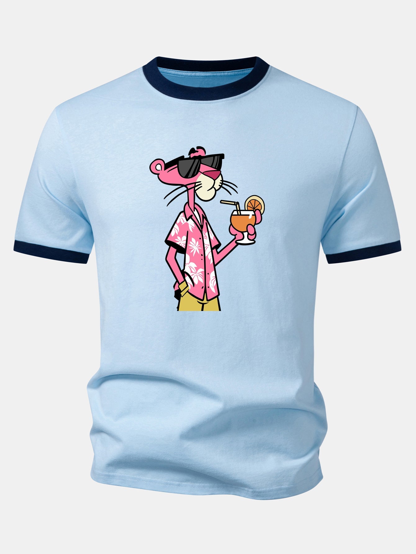 Vacation Pink Panther Print Contrast Ringer T-Shirt