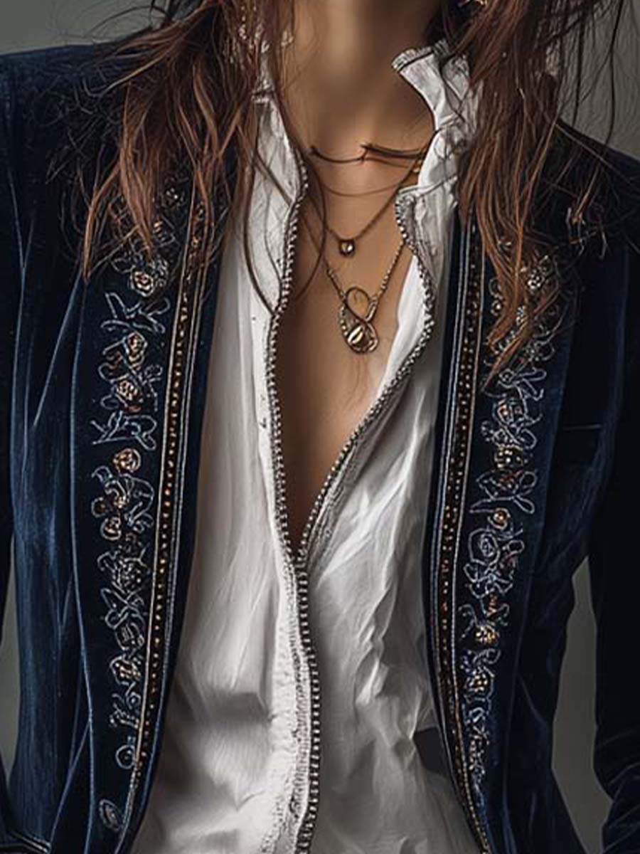 Chaqueta Larga Bordada Azul Marino Vintage para Mujer