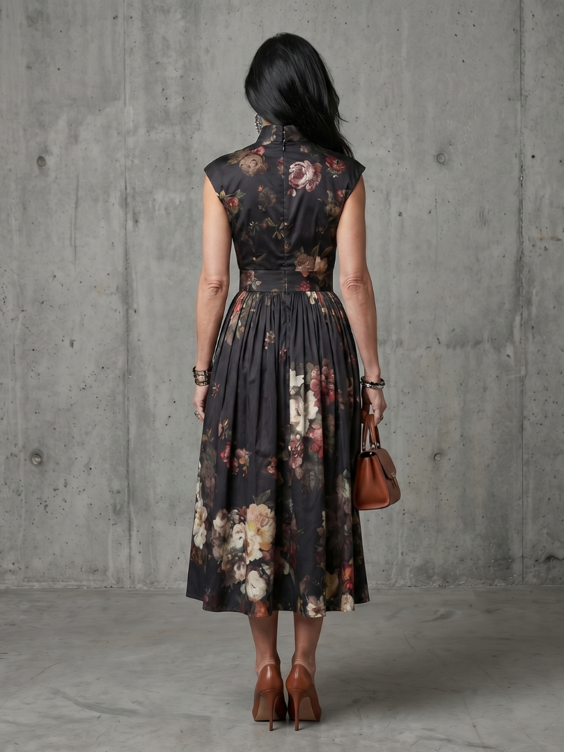 Aurelia | Vestido Midi Plisado Floral con Cuello Alto