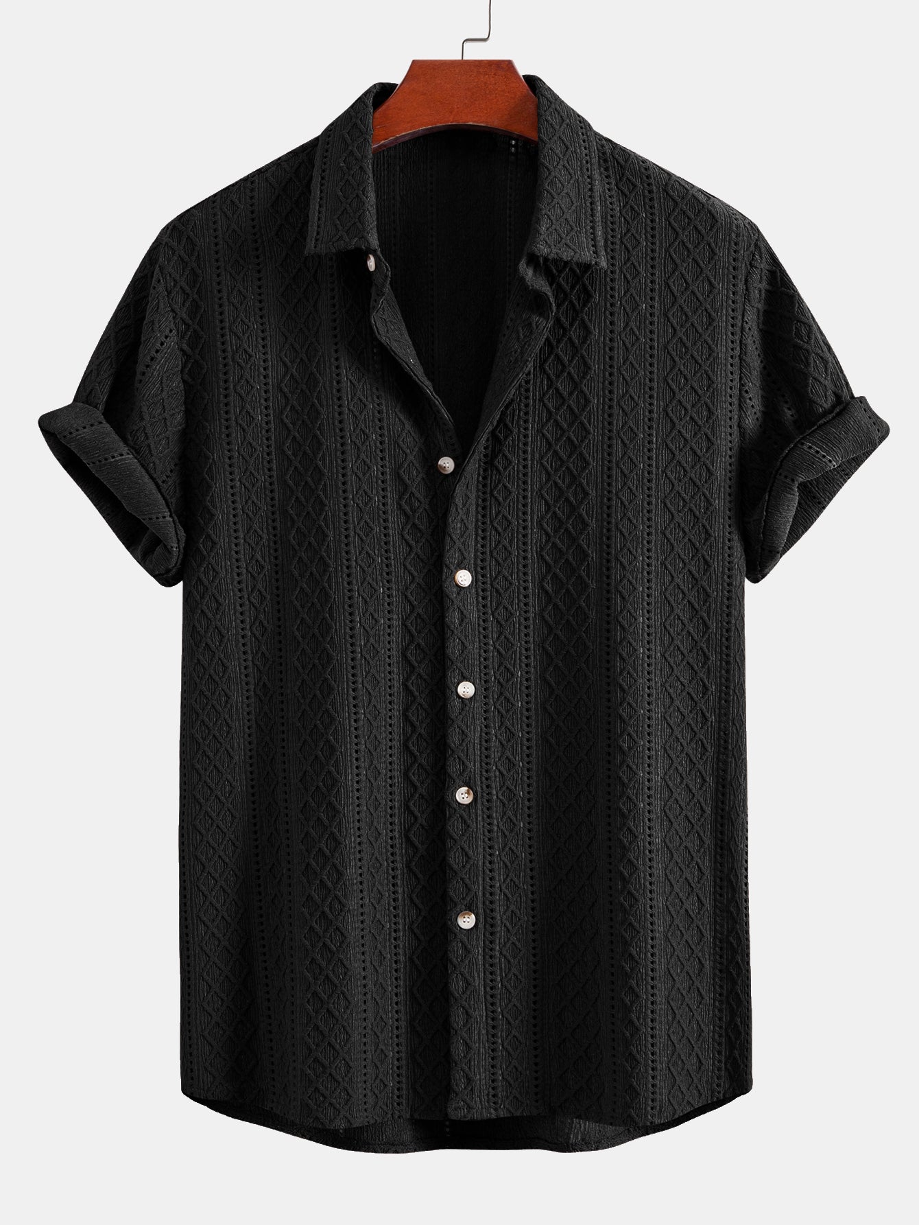 Camisa abotonada con estampado jacquard de rombos geométricos y pantalones cortos de 5" con cordón y textura arrugada