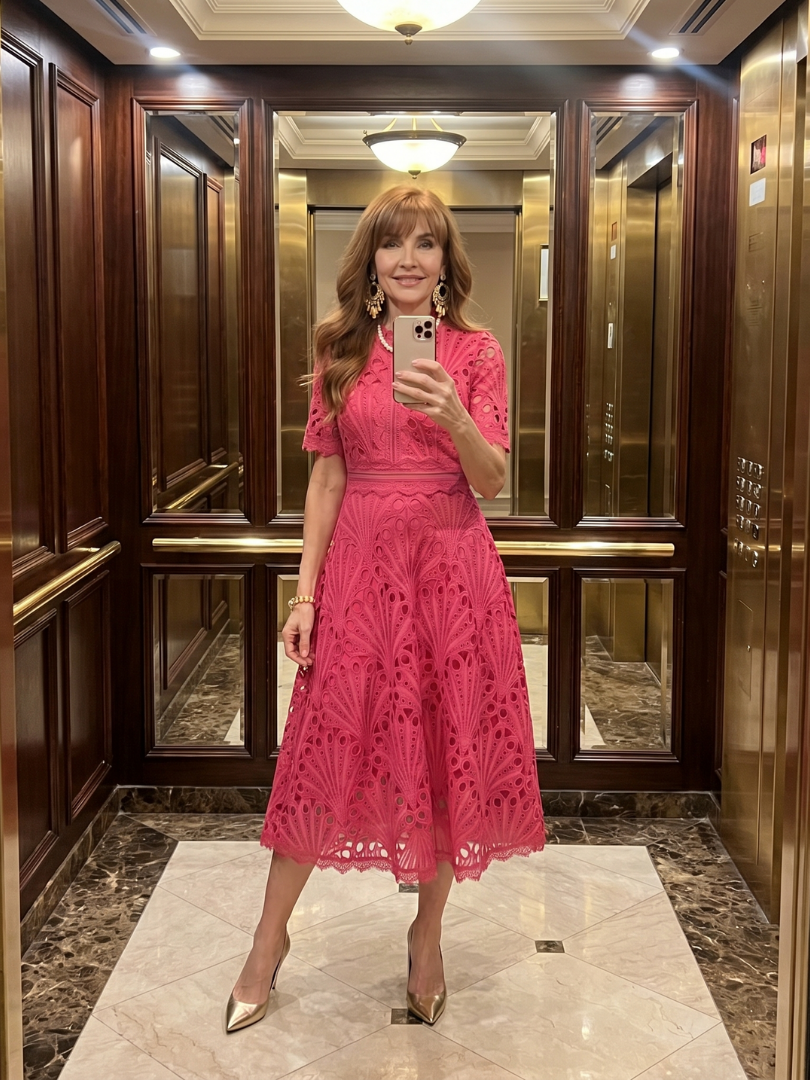 Bonnie | Vestido Midi de Manga Corta con Ojales y Cintura Entallada