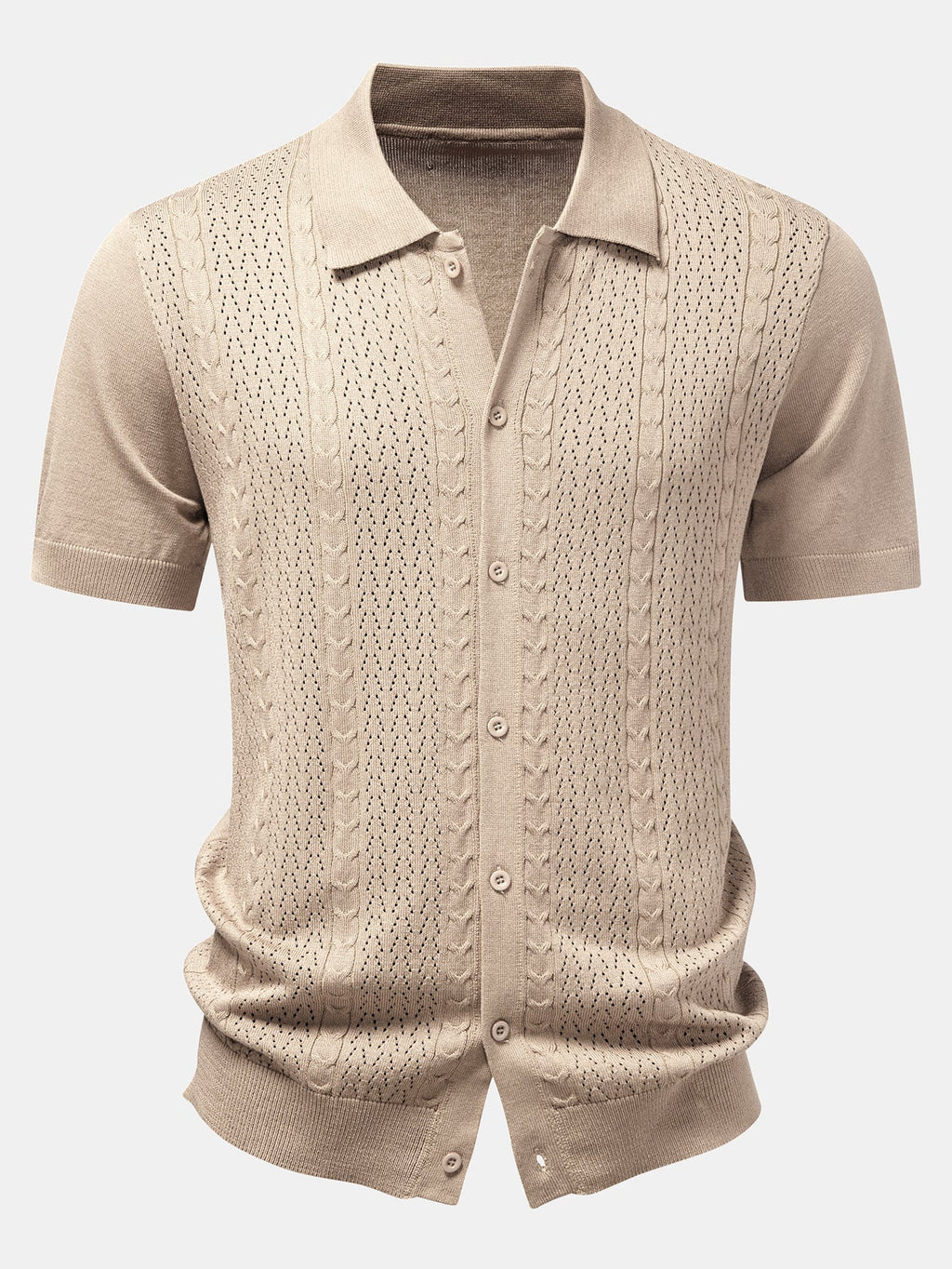 Camisa de punto con botones y diseño jacquard retorcido y pantalones cortos de 5" con cordón y textura arrugada