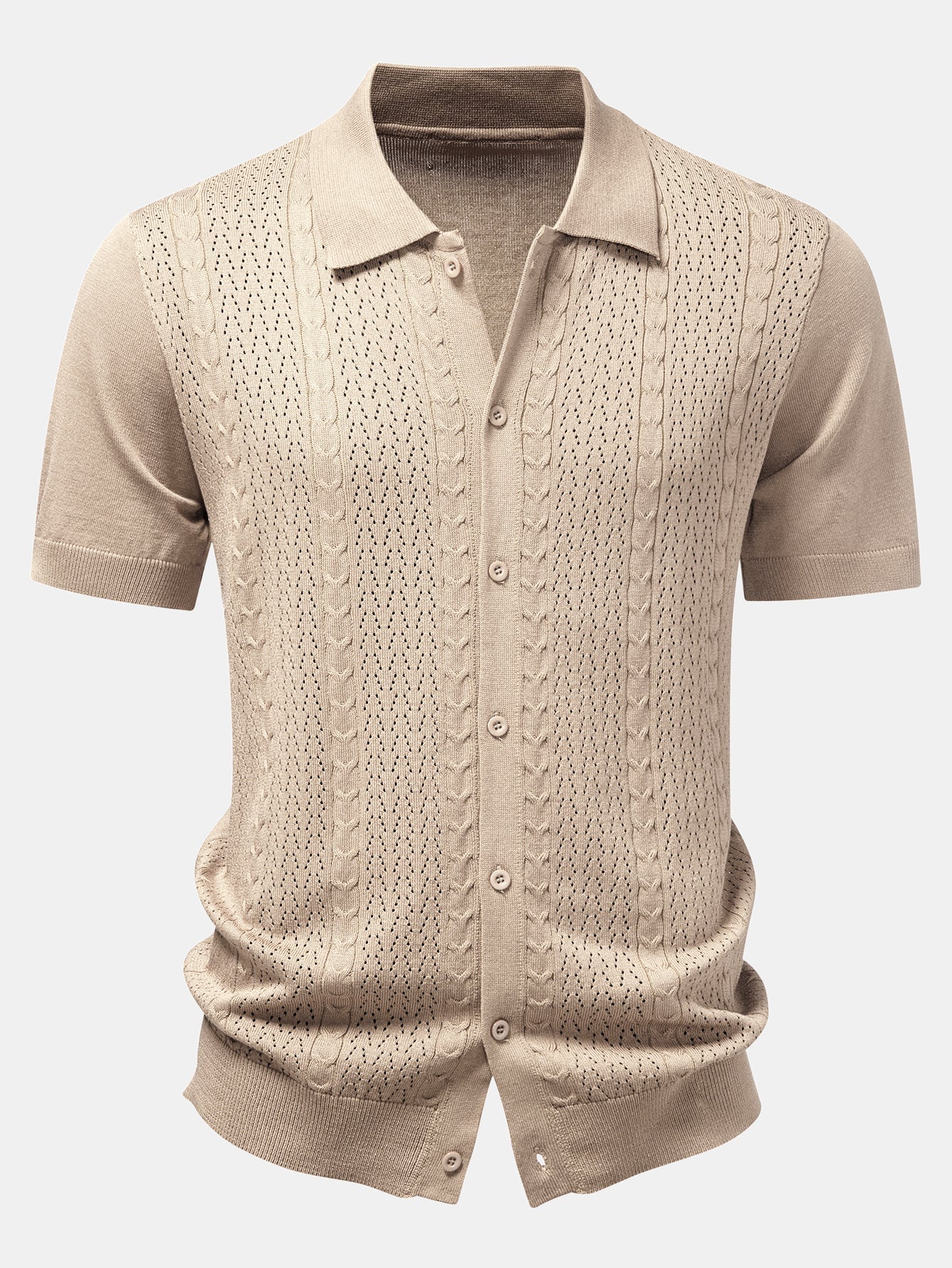 Camisa de punto jacquard retorcido con botones y pantalones de lino de corte recto