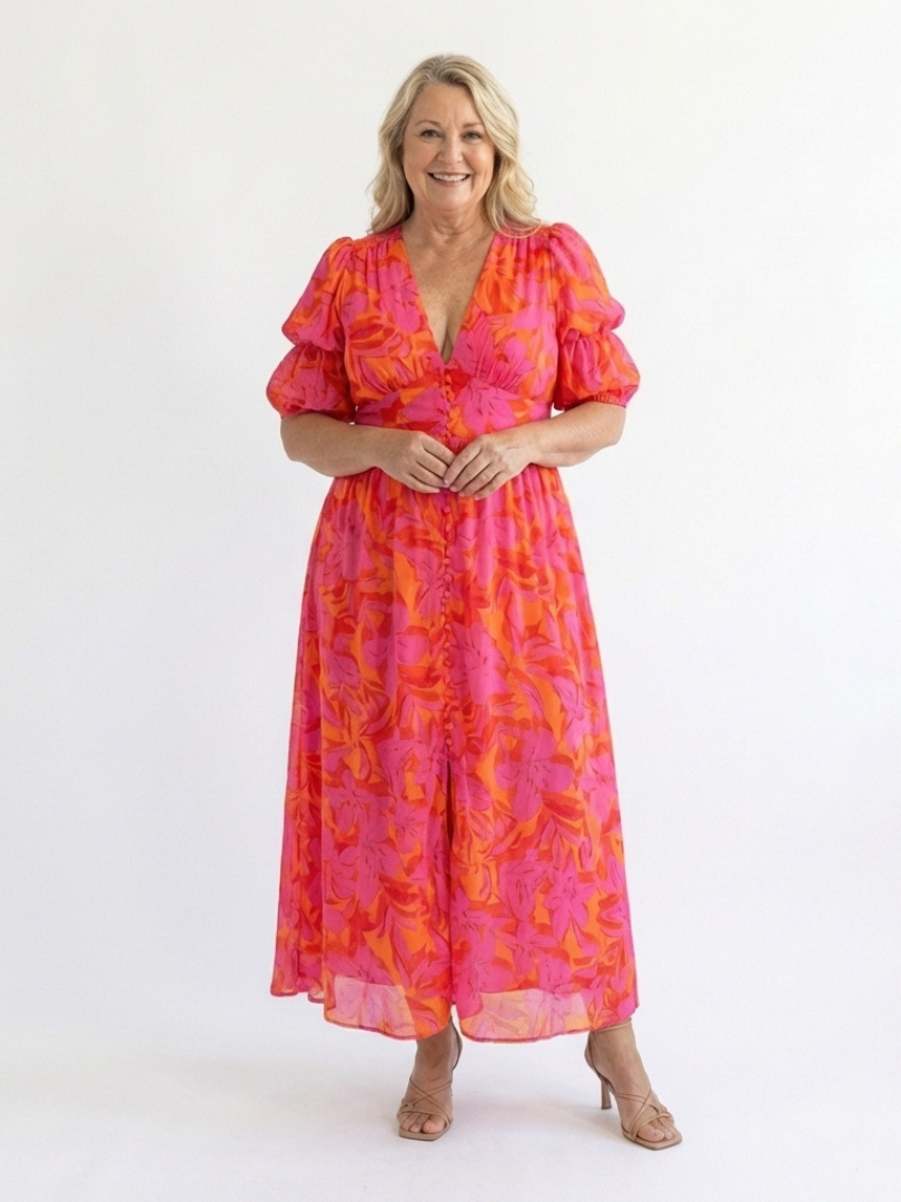 Adalyn | Vestido Midi Floral con Mangas Abullonadas