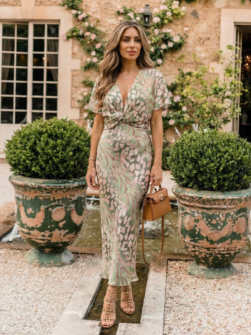 Rhea | Vestido Midi con Estampado Abstracto y Cintura Cruzada