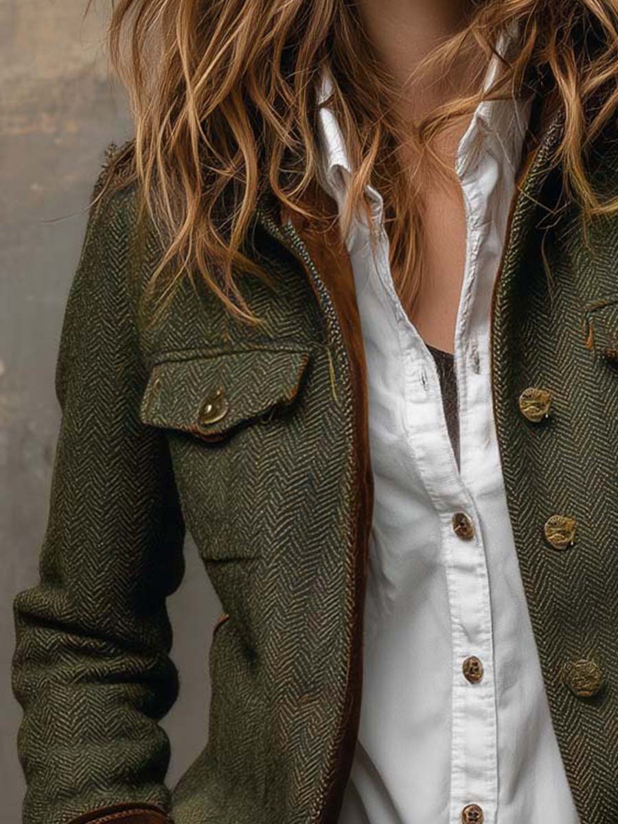 Blazer Vintage de Espiga con Ribete de Contraste para Mujer