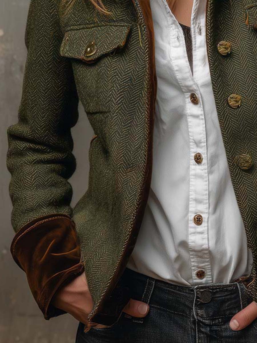 Blazer Vintage de Espiga con Ribete de Contraste para Mujer