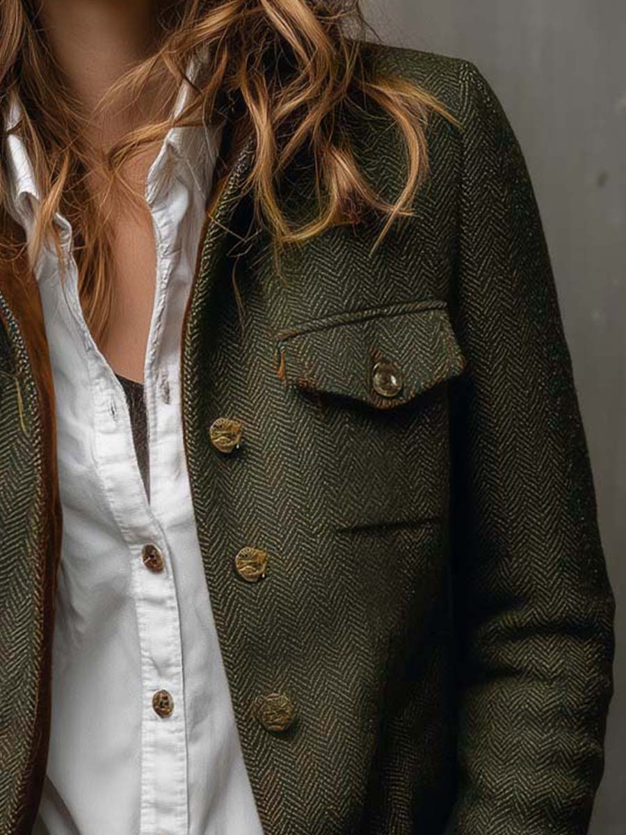Blazer Vintage de Espiga con Ribete de Contraste para Mujer