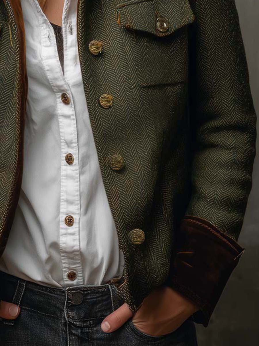 Blazer Vintage de Espiga con Ribete de Contraste para Mujer