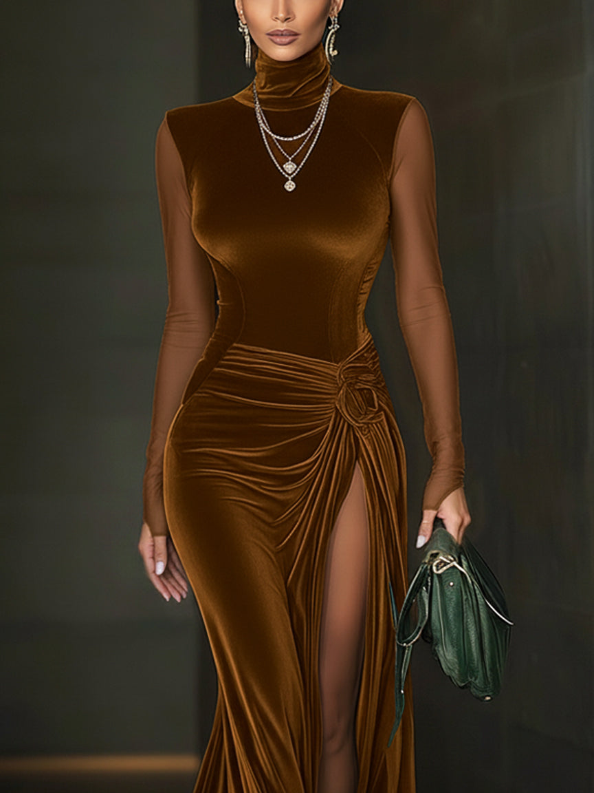 Vestido largo con abertura alta y manga de malla de terciopelo verde esmeralda