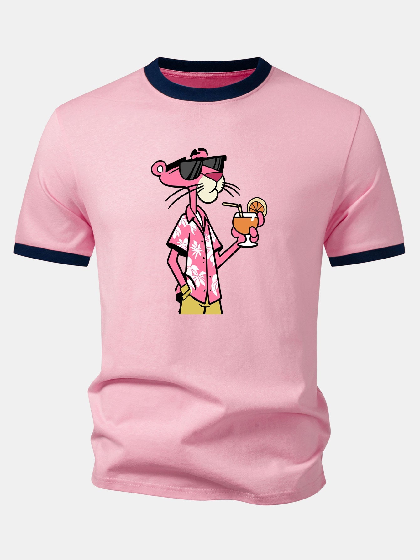 Vacation Pink Panther Print Contrast Ringer T-Shirt