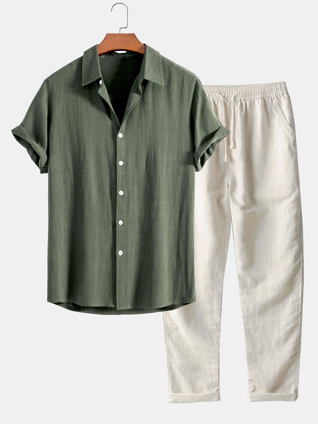 Camisa abotonada de mezcla de lino y rayón y pantalones rectos de lino