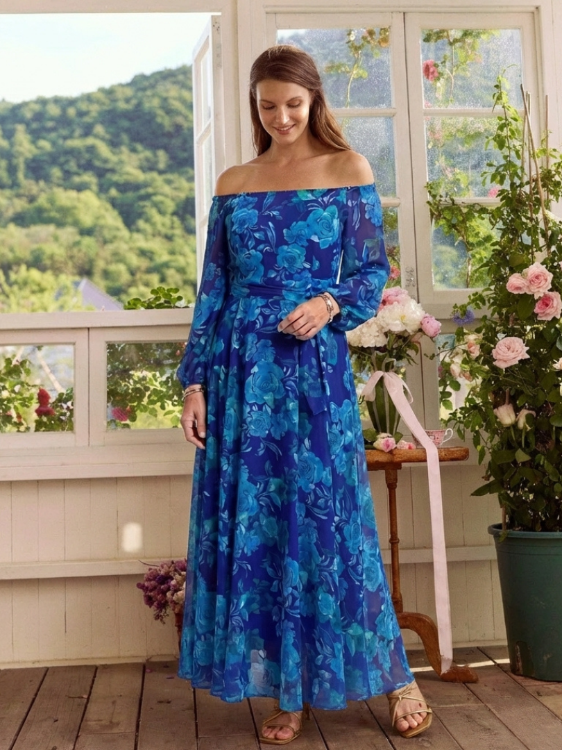 Pauline | Vestido Maxi Floral con Hombros Descubiertos