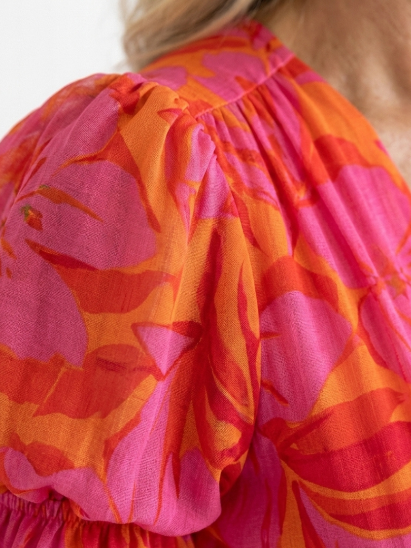 Willow | Vestido Midi Floral de Manga Abullonada y Escote en V