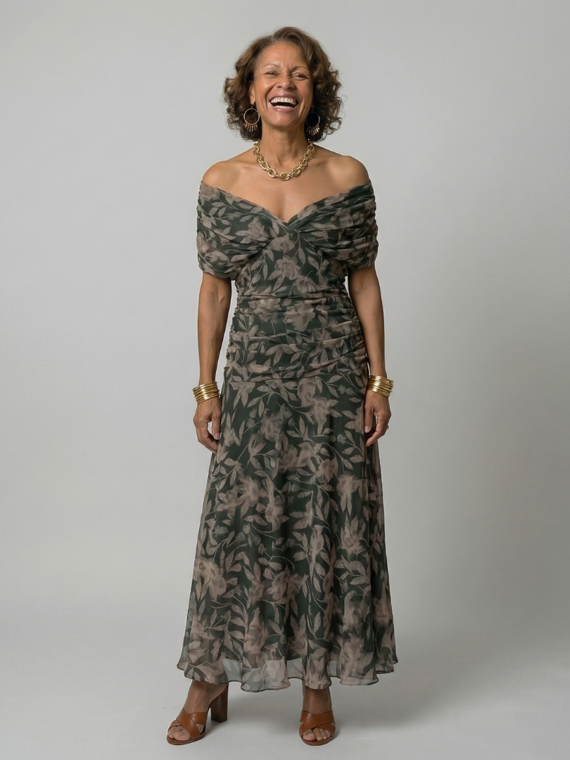 Calen | Vestido Midi Fluido de Hombros Descubiertos