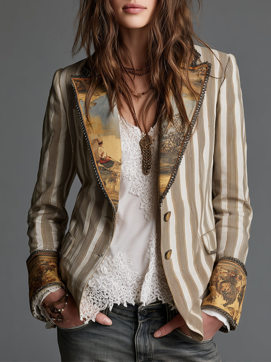 Blazer Boho de Solapa Estampada a Rayas para Mujer