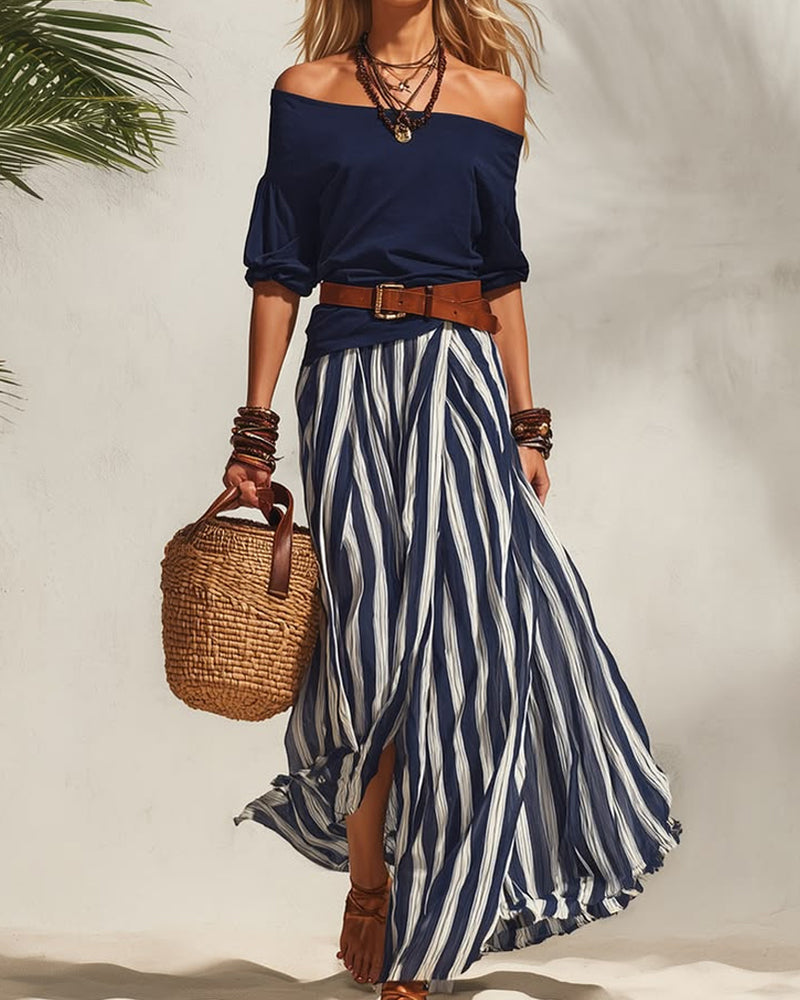 MADISON | Conjunto de falda maxi de rayas con top de hombros descubiertos