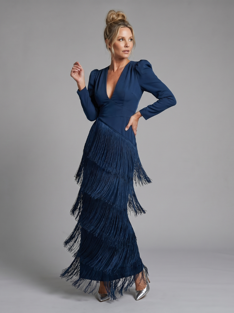 Elisabeth | Vestido Midi con Manga Larga y Flecos