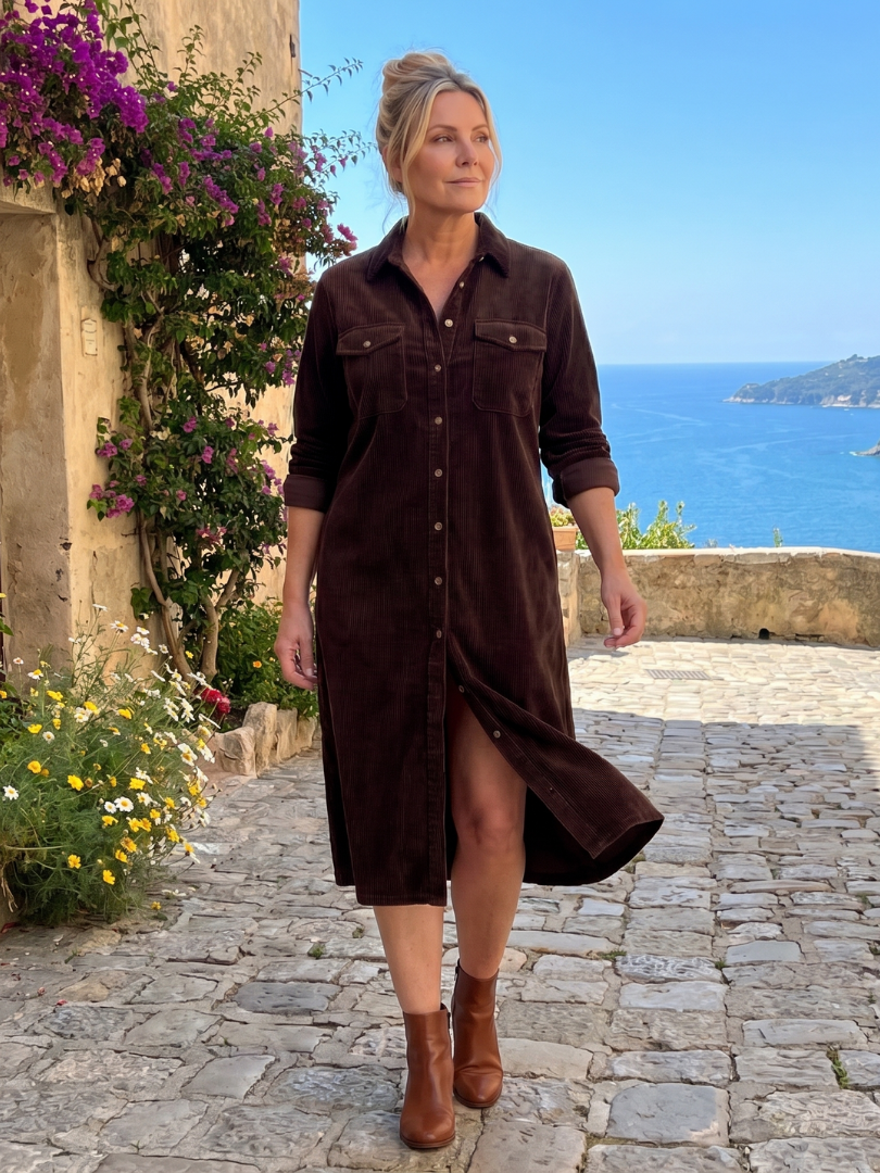 Annabel | Vestido Midi Acanalado con Botonadura
