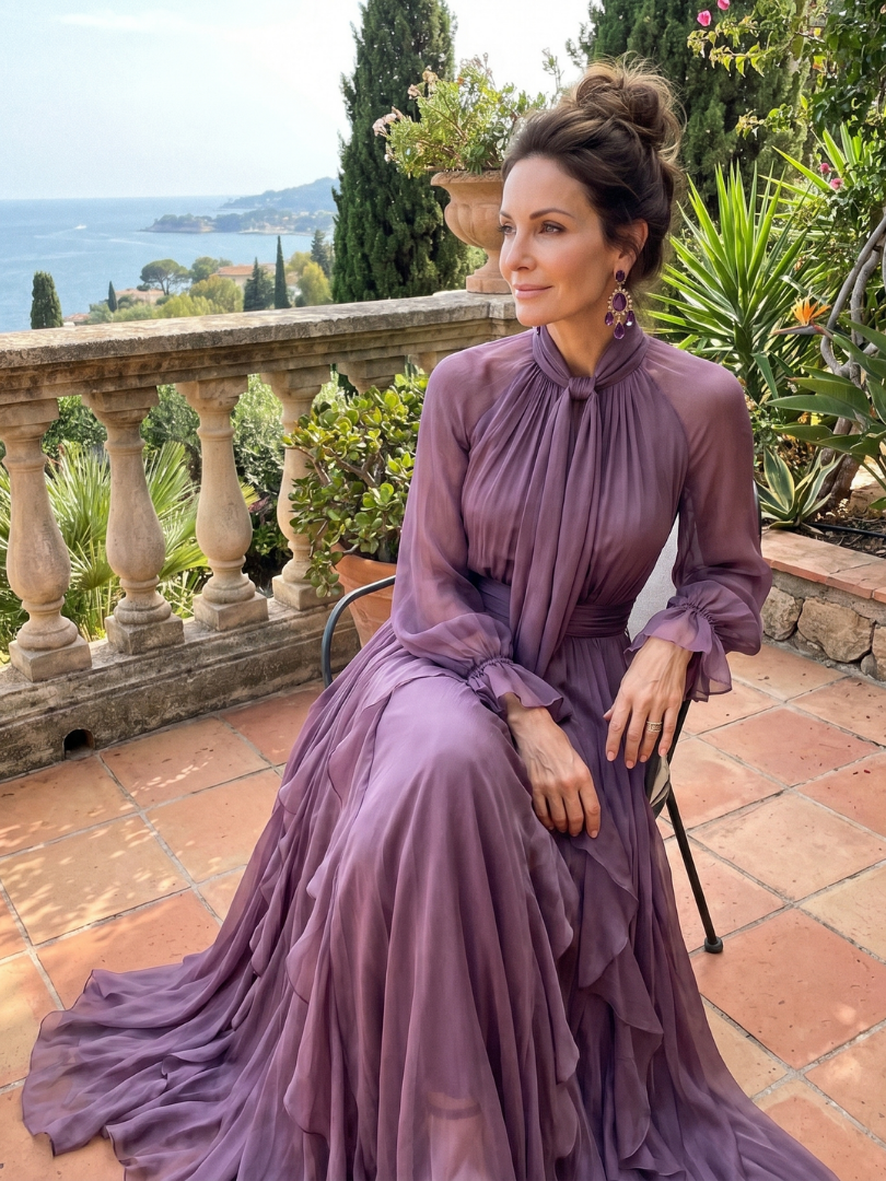 Kathleen | Vestido Maxi Escalonado con Cuello de Lazo