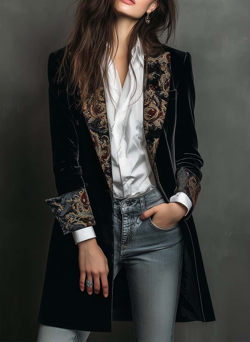 Blazer Entallado de Solapa con Estampado Barroco Negro para Mujer