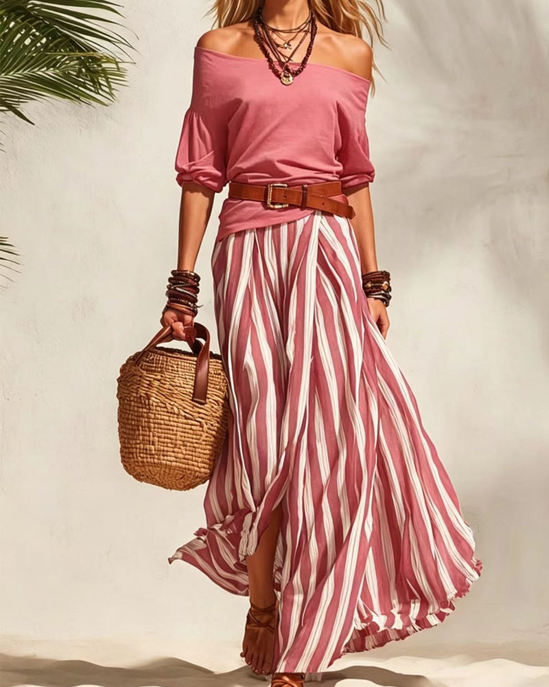MADISON | Conjunto de falda maxi de rayas con top de hombros descubiertos