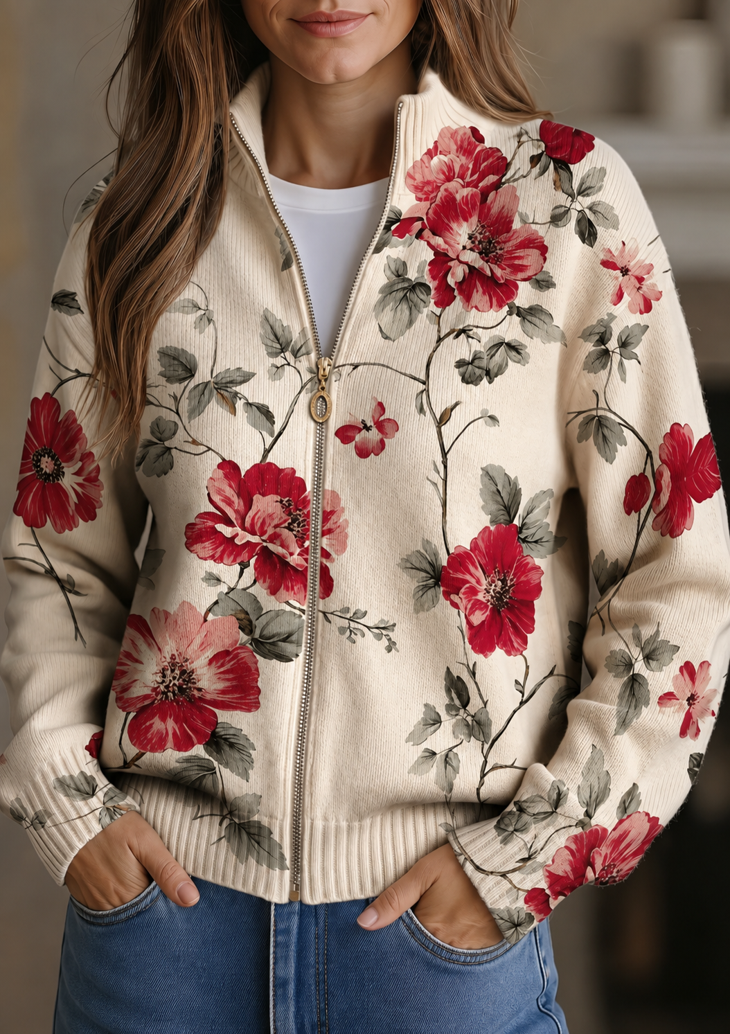 Wilhelmine™ | Rebeca con Cremallera Estampado Vintage de Rosas